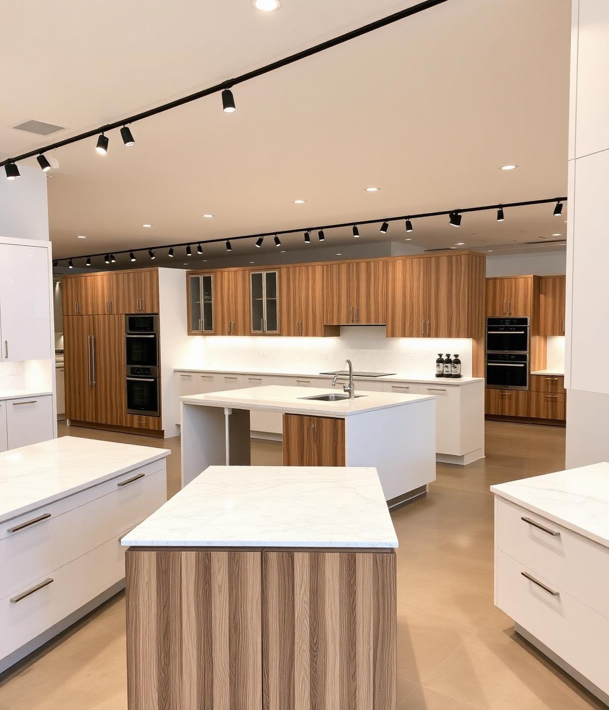 Modern kitchen showroom with cabinet and quartz displays