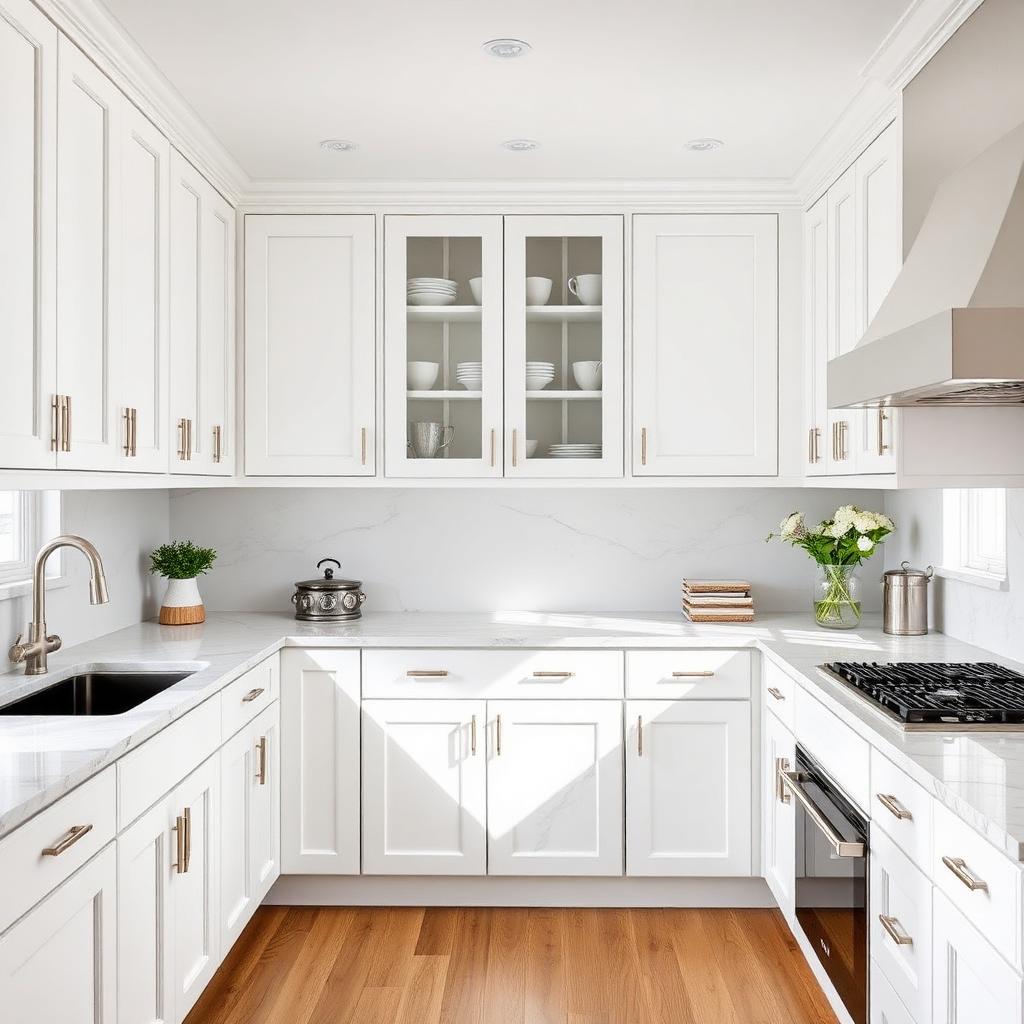 White shaker kitchen — Calacatta quartz