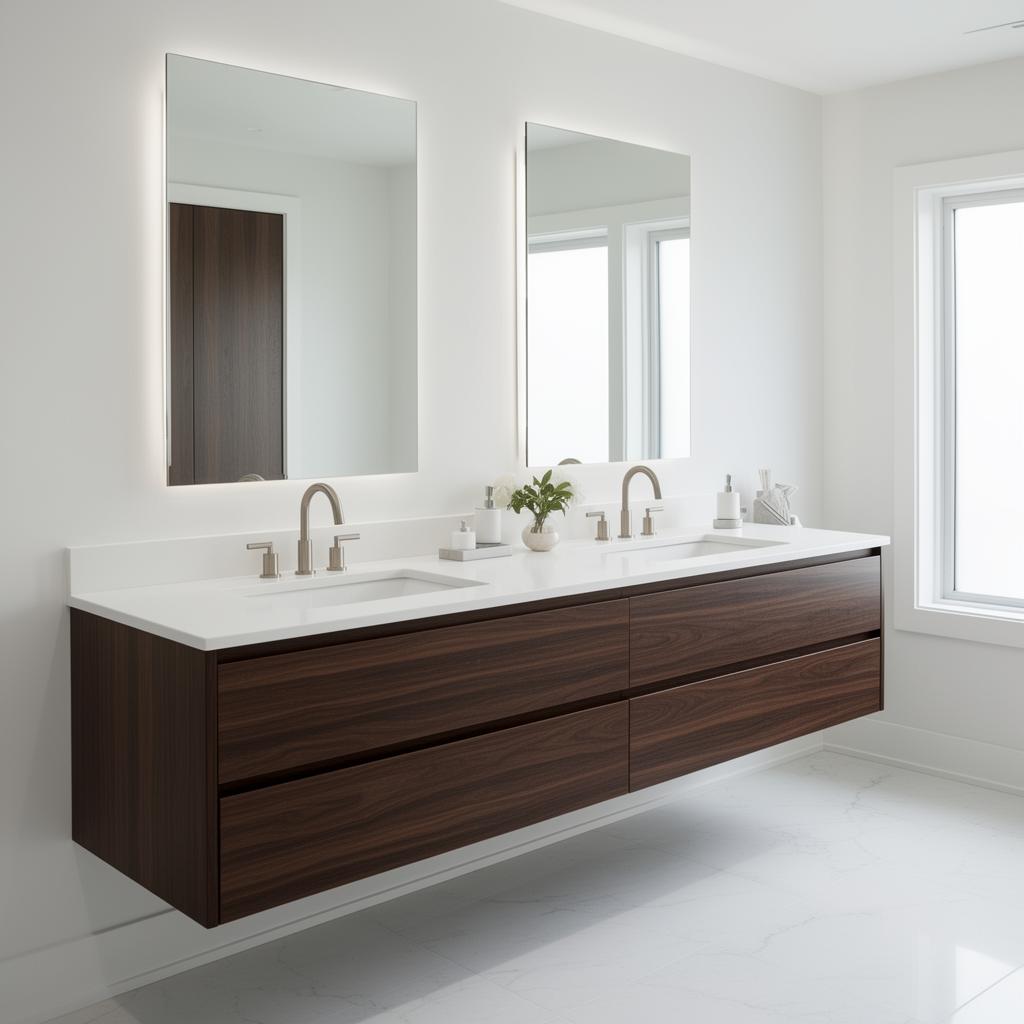 Bathroom vanity — walnut cabinets & white quartz double sink