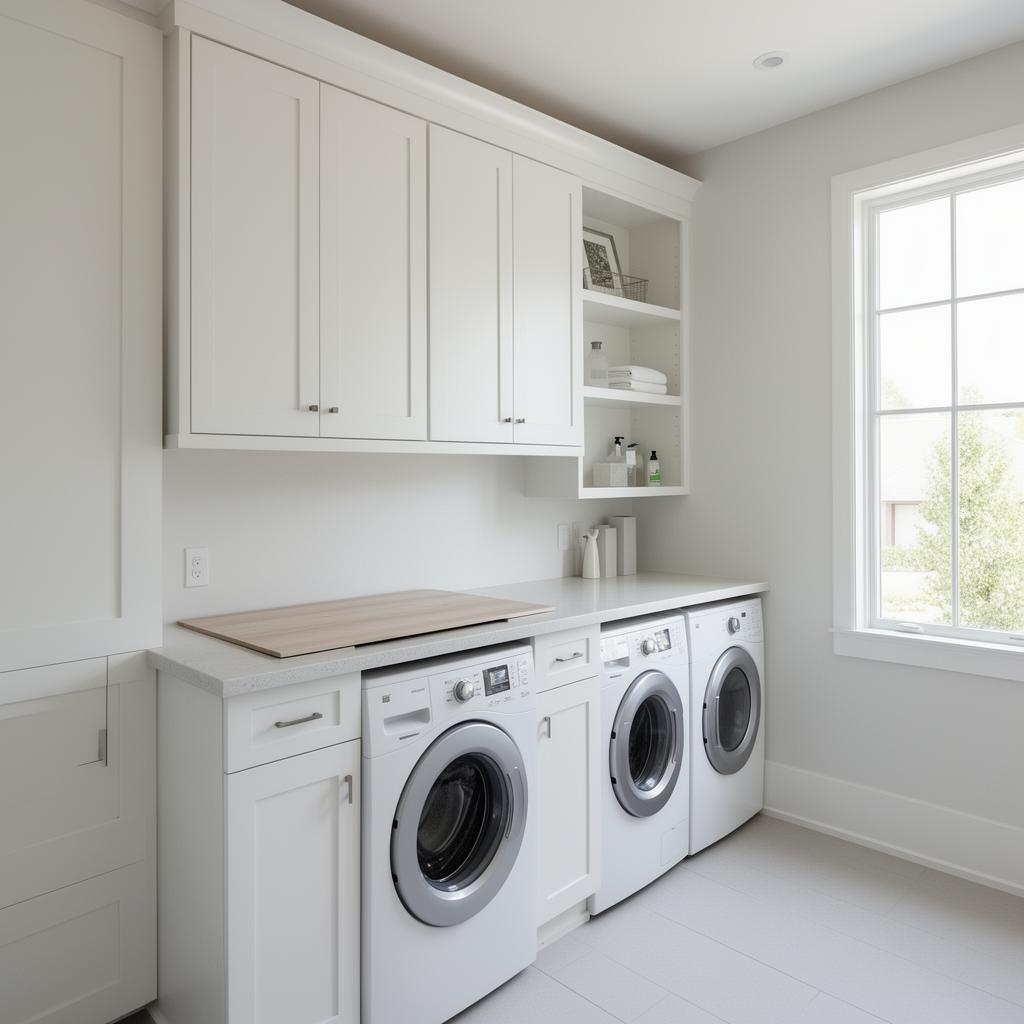 Modern laundry room — white shaker cabinetry & quartz counter