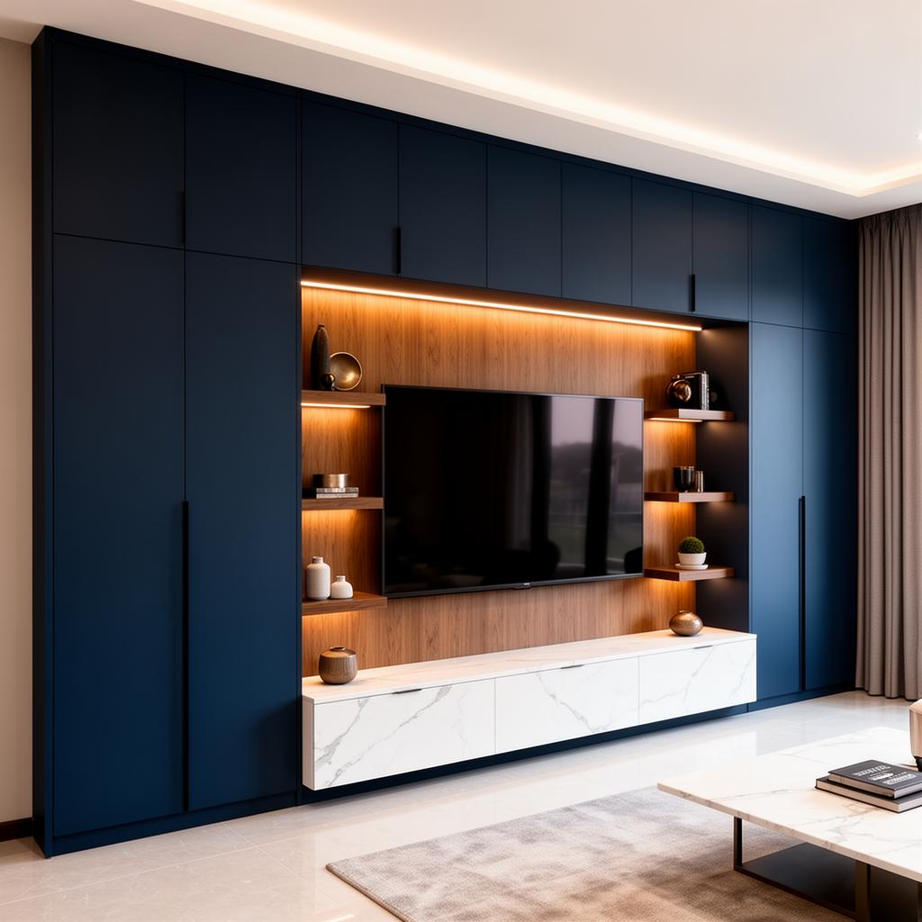 TV entertainment center — navy cabinetry with quartz console