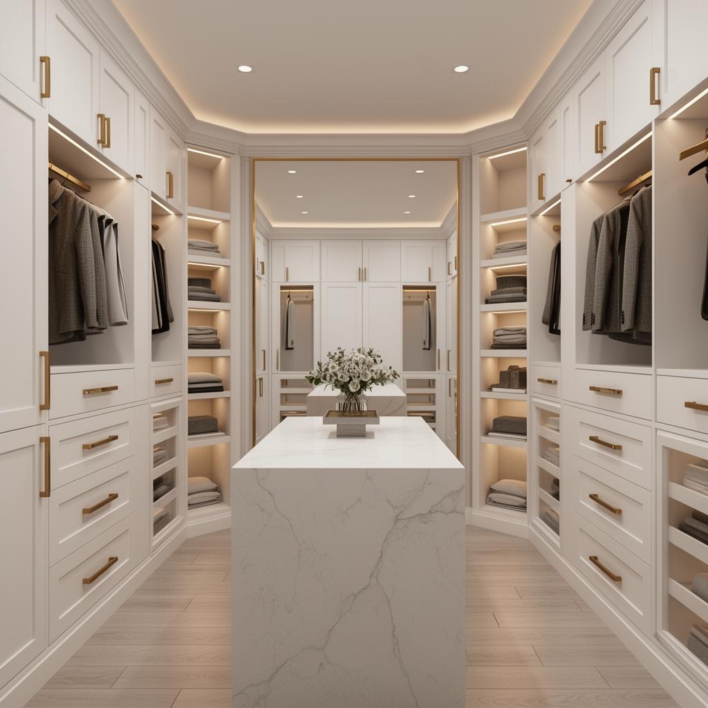 Walk-in closet — white cabinetry with quartz island