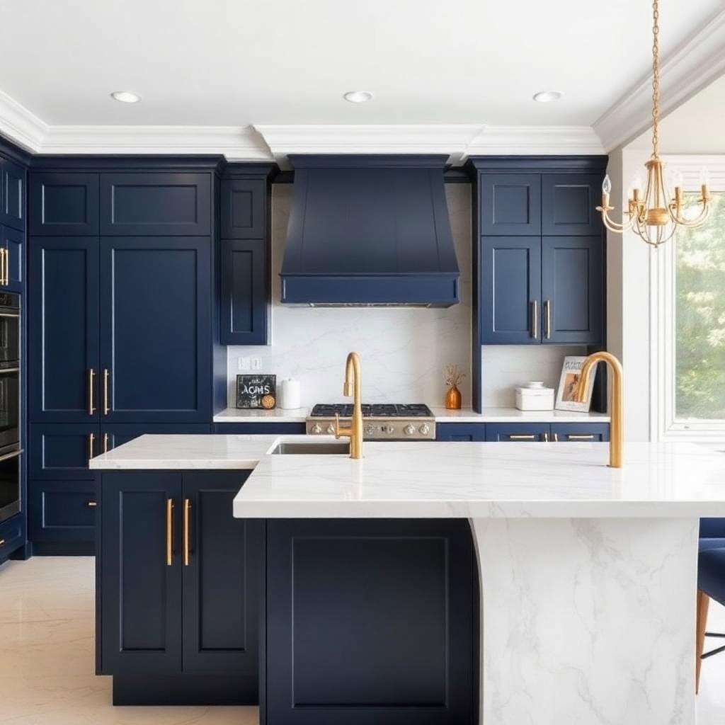 Navy cabinets with white quartz waterfall island
