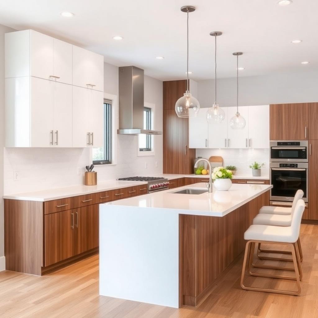 Two-tone walnut and white — quartz island
