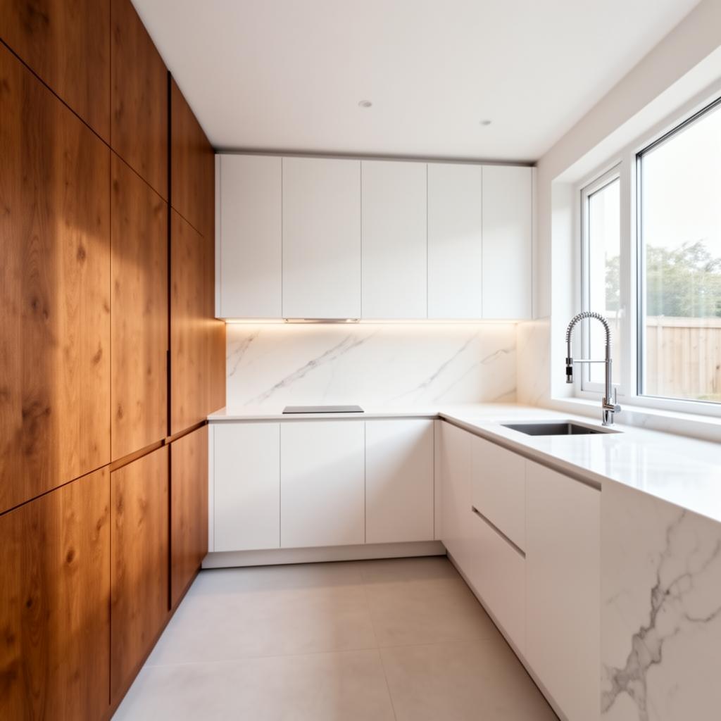 Warm wood & white flat-panel cabinets — white quartz