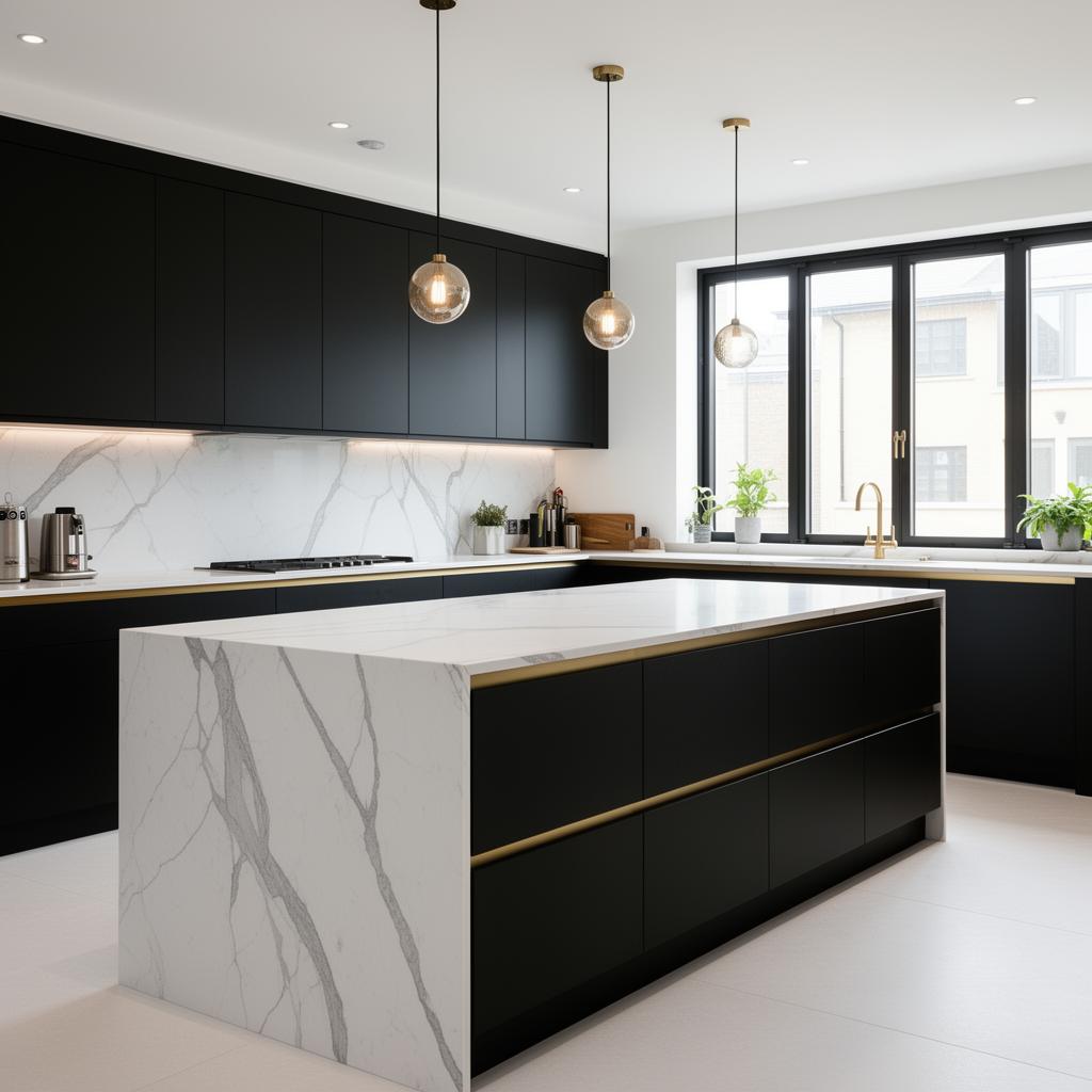 Matte black cabinets — Calacatta quartz waterfall island