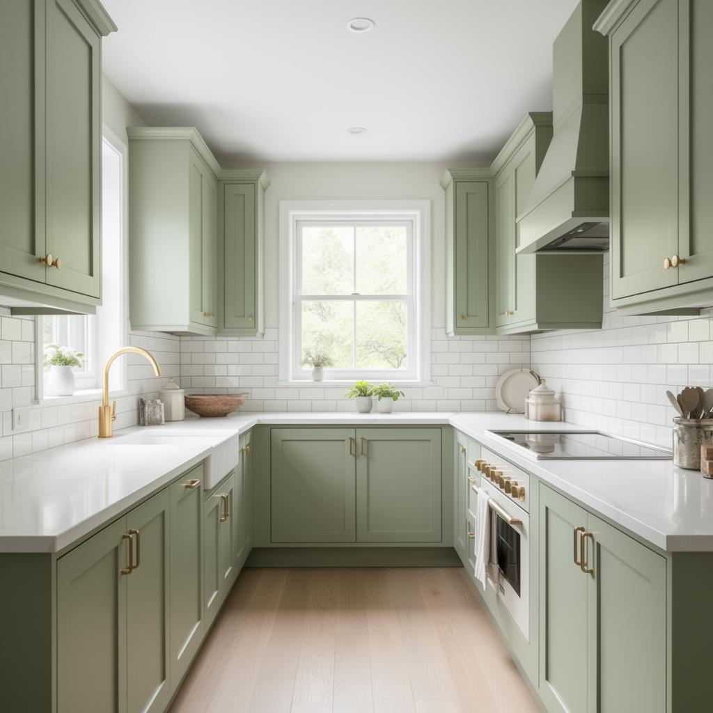 Sage green shaker kitchen — white quartz & gold fixtures